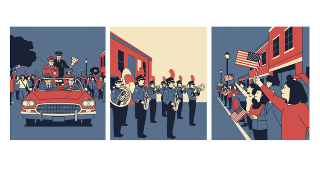 Patriotic American parade with marching band and cheering crowd