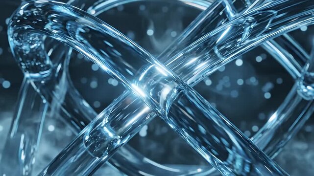 Translucent blue tubes interwoven with light reflections on a dark blurry background