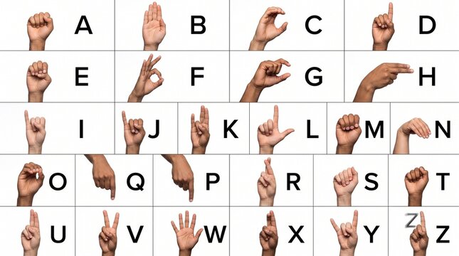 Complete American Sign Language alphabet chart showing hand gestures for letters A to Z, isolated on a clean neutral background for communication, education and accessibility concepts.