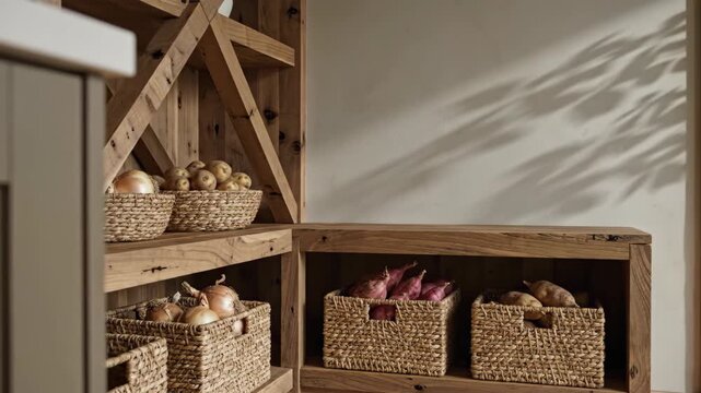 Open timber pantry stores potatoes, onions and other root produce in woven baskets beneath leafy shadows, presenting breathable plastic-free organization with generous copy space and rustic restraint