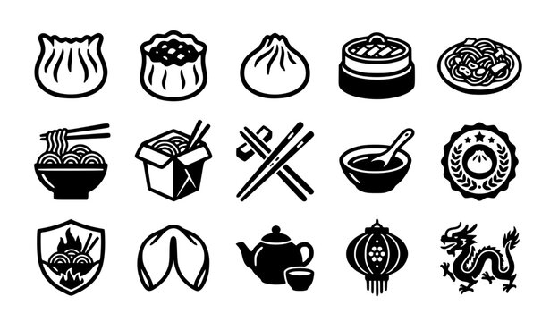 Chinese Dim Sum and Cultural Icon Set Featuring Dumplings Ramen Noodles Fortune Cookie Teapot Lantern and Dragon Vectors for Asian Restaurant Branding