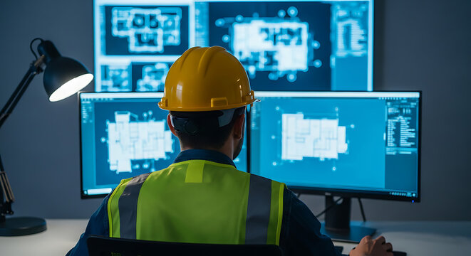 Architectural Engineer Working on Blueprints on Multiple Monitors