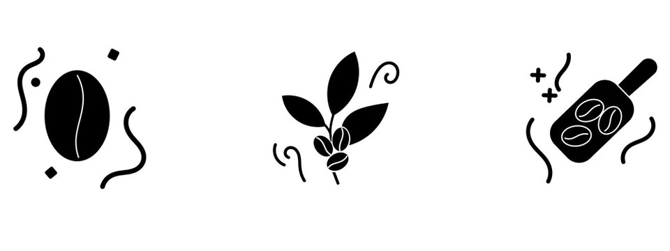 Coffee bean, plant branch, and coffee scoop icon set. Symbol of roasted coffee, bean harvest, organic agriculture, cafe menu, espresso origin, and coffee production.