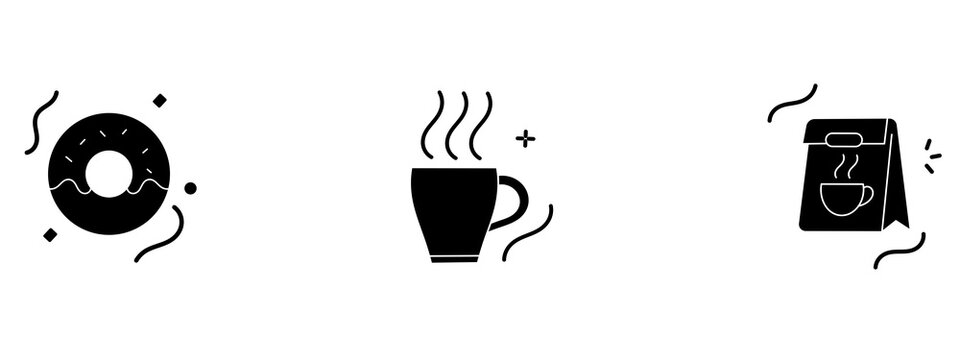 Glazed donut, hot coffee cup, and coffee paper bag icon set. Symbol of bakery snacks, cafe breakfast, hot beverage, takeaway food, coffee packaging, and sweet dessert.
