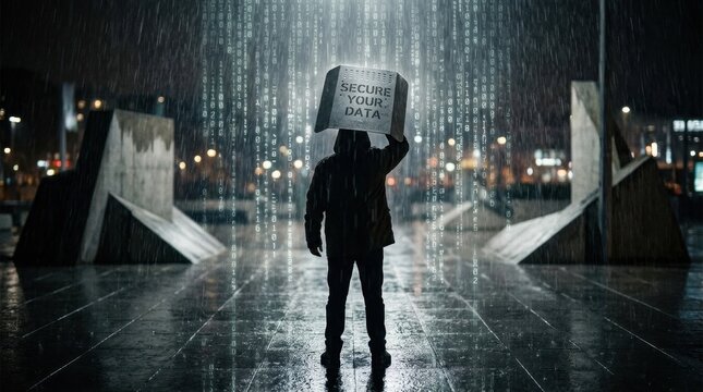 Dark silhouette of a hooded figure in a rainy city square at night, holding a metal shield inscribed with Secure Your Data text, surrounded by falling digital binary code matrix.
