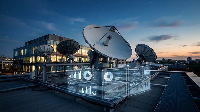 Modern satellite dishes on rooftop at dusk with futuristic data interface overlay, representing global communication and technology advancement