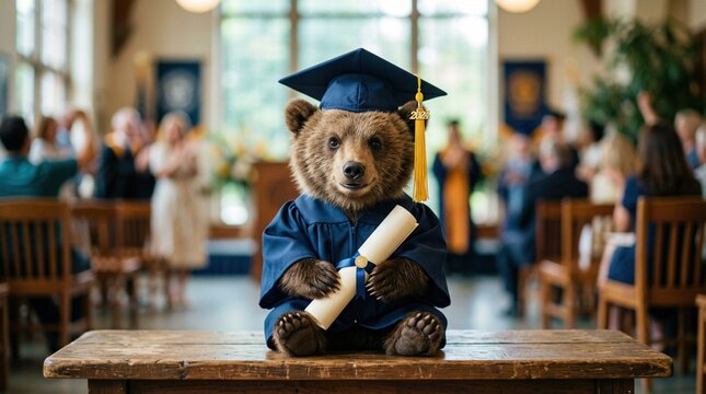 Cute teddy bear wearing graduation cap and gown holding diploma in classroom celebrating academic achievement education success childhood learning and future aspirations proudly