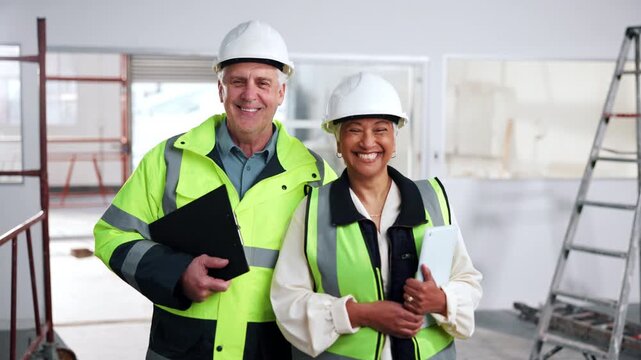 Architect, face and team with smile on construction site for architecture project together. Portrait, mature people or civil engineer with helmet or tablet for about us, safety or building renovation