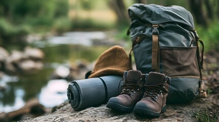 Fototapeta premium Outdoor camping gear including boots backpack sleeping pad and beanie resting on a rock near a stream
