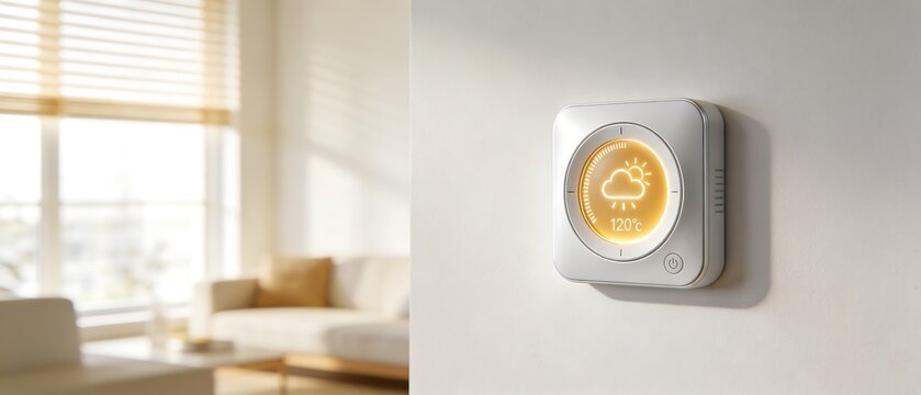 Modern white smart thermostat on a wall in a bright sunny living room