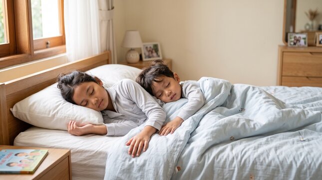 Two young siblings resting peacefully together in a shared bed during the afternoon nap period while wearing comfortable pajamas inside a cozy bedroom environment filled with natural warm