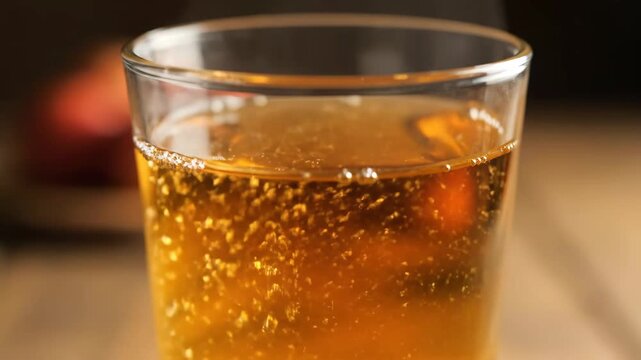 Pouring Golden Carbonated Beer or Cider into a Glass Close-up. Refreshing Cold Fizzy Drink Beverage Preparation.