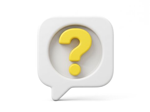 3D yellow question mark icon inside a white speech bubble with question communication dialogue