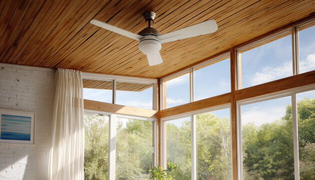 Bright indoor space with large windows, wooden slatted ceiling, white ceiling fan, and sheer curtains letting in natural light and greenery outside