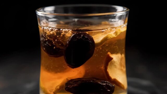 Homemade dried fruit compote (Uzvar or Kompot) served in a glass, featuring floating dried apple slices and prunes, shot close-up against a dark, moody background.