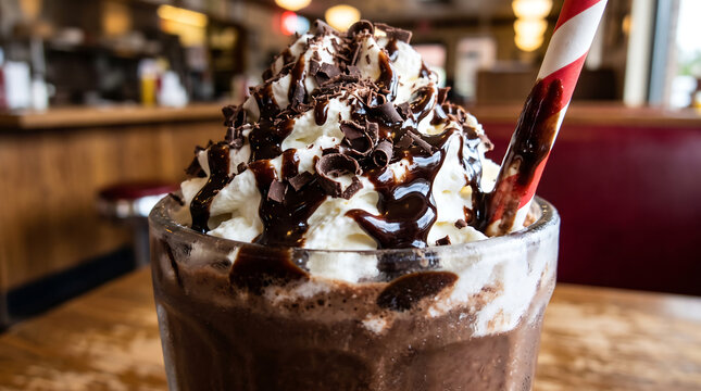 Decadent Chocolate Milkshake Topped with Whipped Cream Chocolate Syrup and Shavings Close-Up