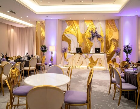 Elegant Wedding Reception Ballroom with Gold Drapes and Purple Lighting.
