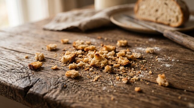Scattered Breadcrumbs on Rustic Wooden Table