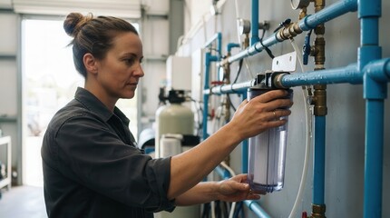 Fototapeta premium Technician Carefully Inspecting and Maintaining a Water Filtration System within an Industrial Facility