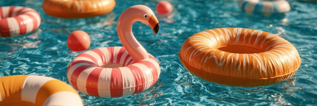 Colorful inflatable pool rings, including a flamingo-shaped one, float on clear blue water in a sunny, playful setting.
