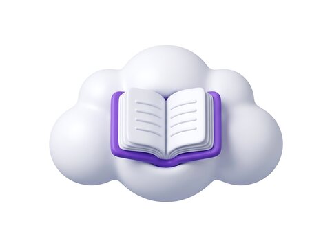 3D cloud storage symbol with open book icon education learning knowledge database information