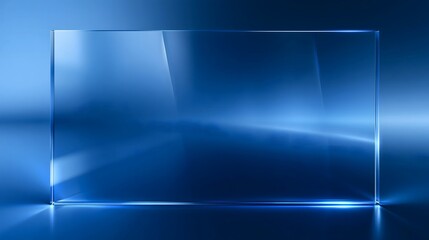 Obraz premium Dark blue corporate background template featuring transparent glass frame panel. Professional 3D glassmorphism graphic for product presentation hero banner wallpaper design.