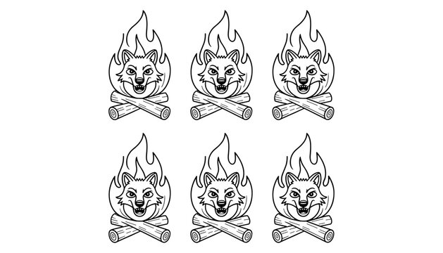 Set of wolf head icons in fire flames with wooden logs