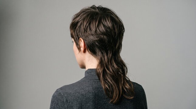 Young woman with a fashionable haircut showing her brown hair texture from the back as she stands wearing a dark grey top expressing a trendy style which represents a common look for daily