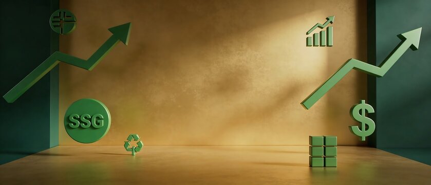 Green business growth and sustainability icons on gold background for ESG investment concept