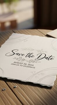 Elegant save the date invitation card on rustic wooden table