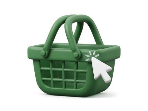 3D green shopping basket icon with a mouse cursor arrow click through shopping ecommerce
