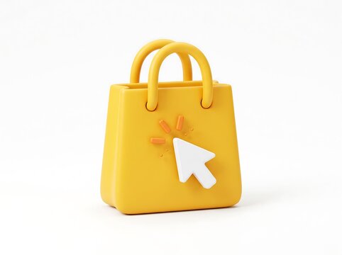 3D yellow shopping bag icon with a mouse cursor arrow e tail click through shopping ecommerce
