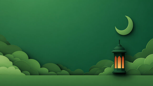 Green paper cut style Ramadan lantern with crescent moon