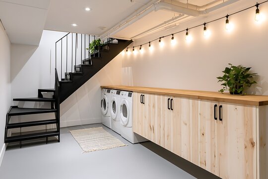 Modern basement laundry room with natural wood cabinets, white appliances, string lights, and a black metal staircase