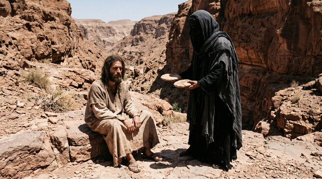 Jesus being tempted in the wilderness. Satan appearing as a shadowy figure, offering stones to be turned into bread