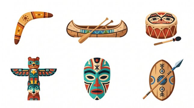 Vector set of indigenous culture and traditional tribal artifacts, including wooden canoe, carved totem pole and ritual mask