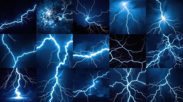 Collection of various blue lightning and electric discharge effects