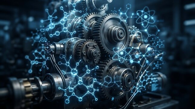 Advanced industrial machinery with glowing digital network overlay representing complex data integration and futuristic technology in manufacturing and engineering