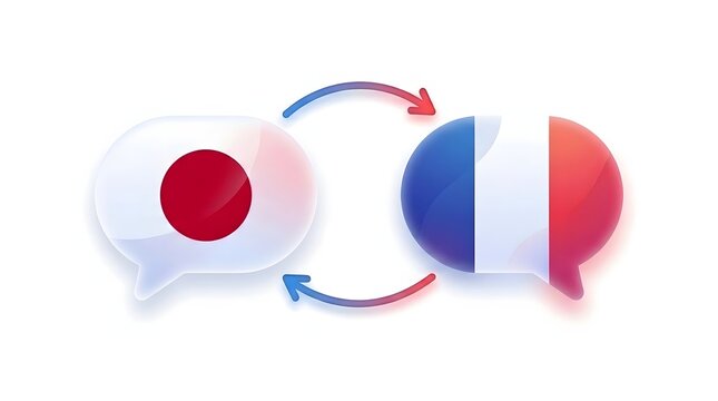 Japanese and French Language Exchange with Speech Bubble Translation Illustration