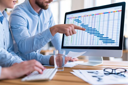 Business colleagues working together in office on project management gantt chart