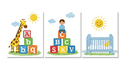 Naklejka premium Nursery Wall Art Set with Giraffe Boy and ABC Building Blocks