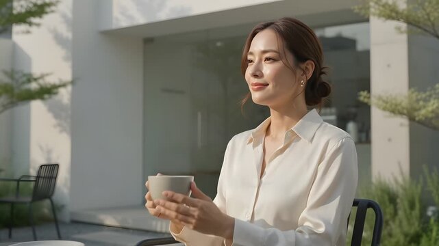 Elegant woman enjoying coffee on a sunny outdoor patio