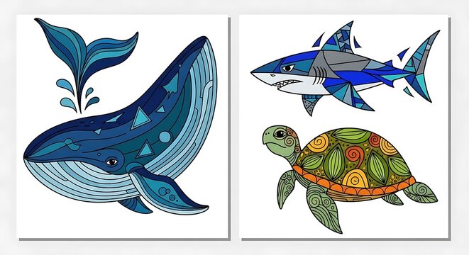 Set of decorative sea animal illustrations with geometric patterns