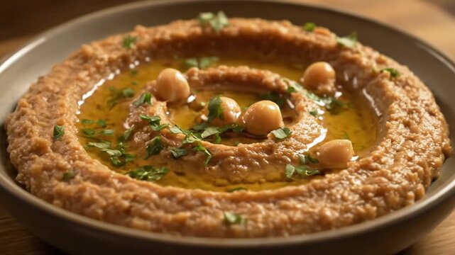 Authentic Homemade Hummus Dip Garnished with Olive Oil, Whole Chickpeas, and Fresh Parsley in a Ceramic Serving Bowl