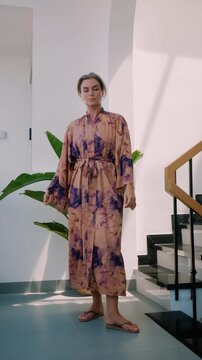 Close up of elegant woman wearing luxury kimono robe.