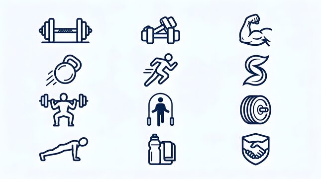 Simple blue fitness line icon collection featuring barbells, dumbbells, flexed arm, kettlebell, running figure, DNA wellness symbol, weightlifter, user profile, target rings, push-up pose, water bottl