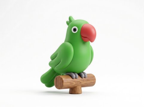 Green parrot bird 3D character on wood perch with 3D illustration tropical bird red beak pet shop