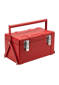A bright red metal tool box with a handle and silver latches for storage and repair work isolated on transparent background