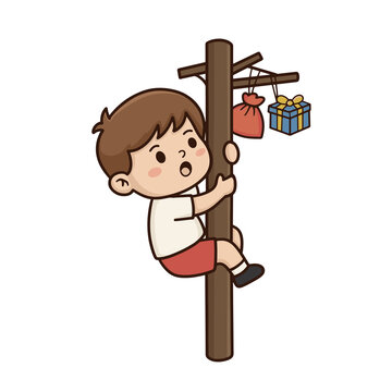 Cute Boy Climbing Greasy Pole Panjat Pinang Indonesian Independence Day Game