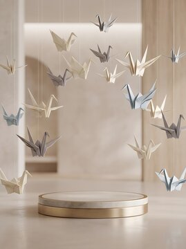 Beautiful hanging origami cranes decorating modern indoor space elegantly